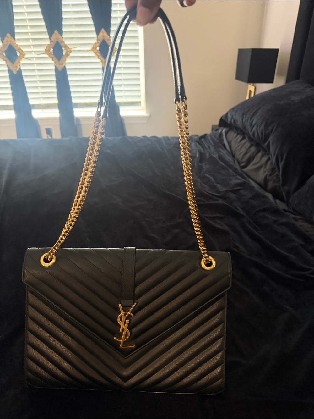 Saint Laurent Black Chevron Quilted Leather Shoulder Bag with Gold Chain